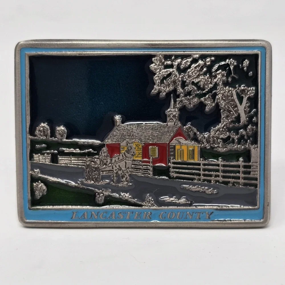 Lancaster County Belt Buckle Mens Silver Enamel Amish Buggy Souvenir Made in USA